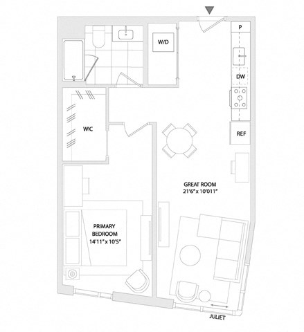 Floor plan for 1 bed, 1 bath, 701 sqft